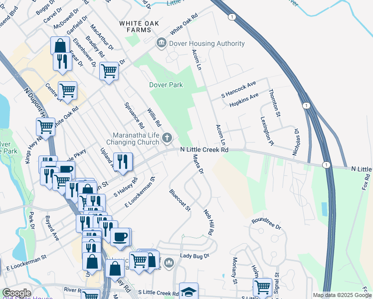 map of restaurants, bars, coffee shops, grocery stores, and more near 1301 Delaware 8 in Dover