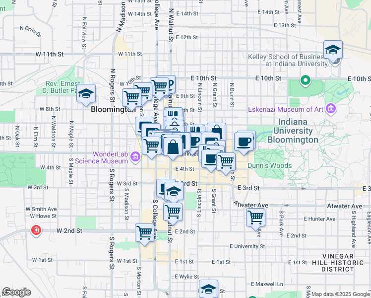 map of restaurants, bars, coffee shops, grocery stores, and more near 200 East Kirkwood Avenue in Bloomington