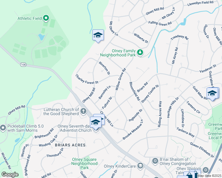 map of restaurants, bars, coffee shops, grocery stores, and more near 4008 Barnsley Lane in Olney