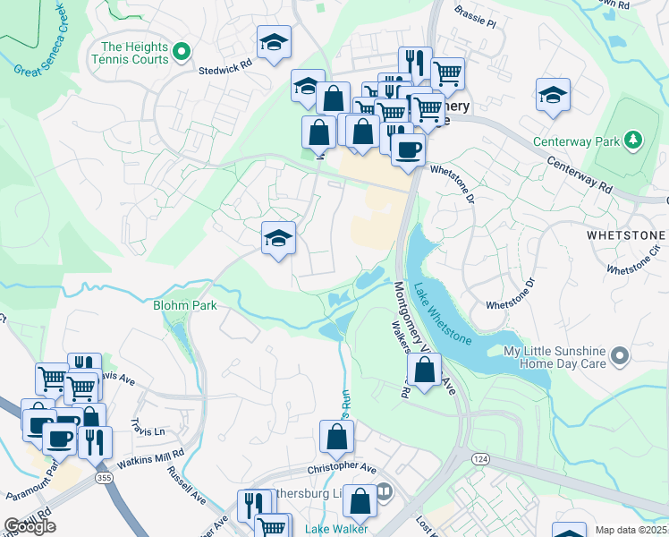 map of restaurants, bars, coffee shops, grocery stores, and more near 18911 Mills Choice Road in Montgomery Village