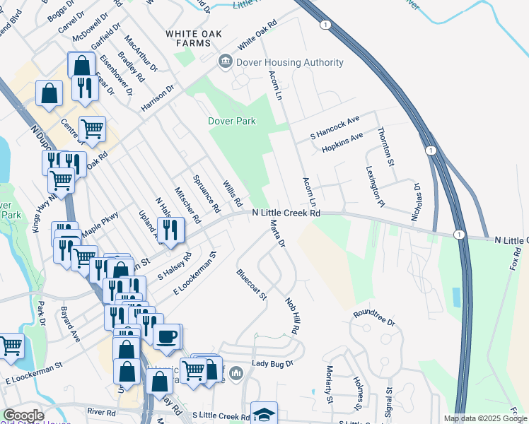 map of restaurants, bars, coffee shops, grocery stores, and more near 1301 Delaware 8 in Dover