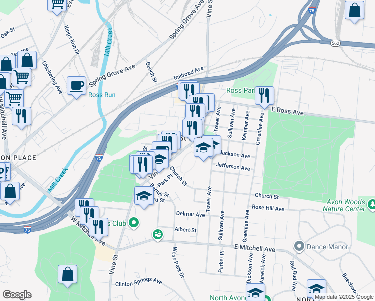 map of restaurants, bars, coffee shops, grocery stores, and more near 4704 Vine Street in Cincinnati