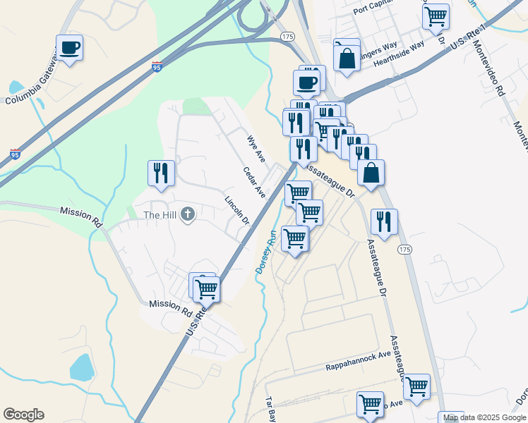 map of restaurants, bars, coffee shops, grocery stores, and more near 8021 Washington Boulevard in Jessup