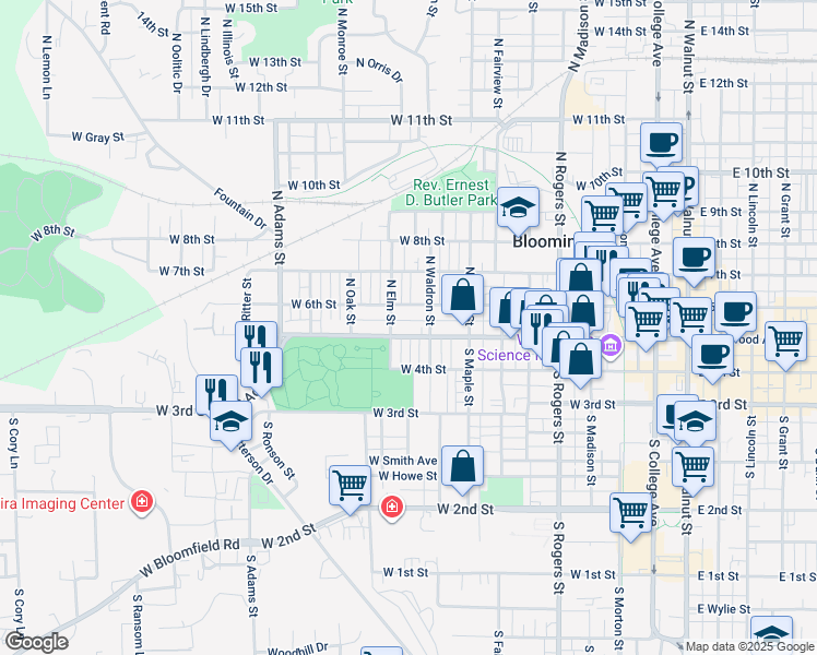 map of restaurants, bars, coffee shops, grocery stores, and more near 907 West Kirkwood Avenue in Bloomington
