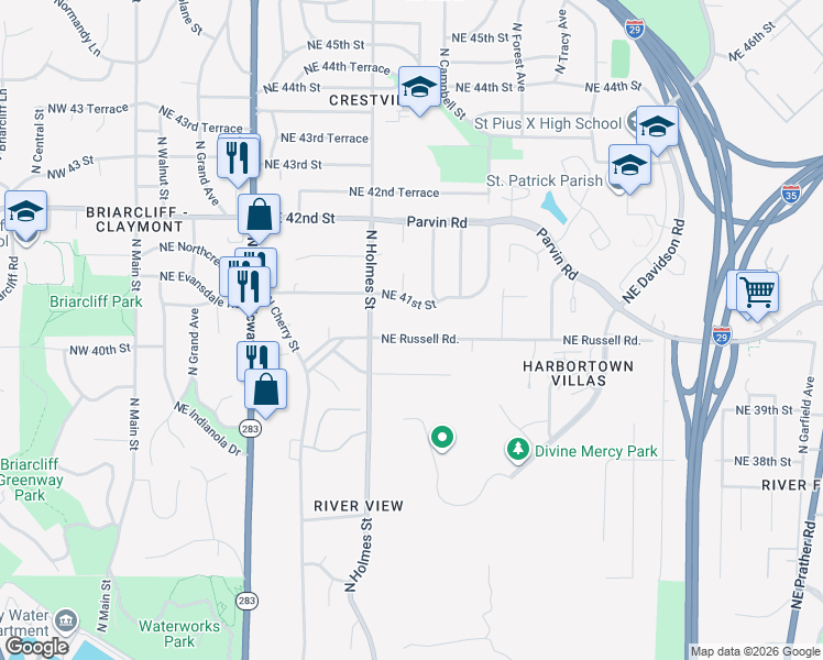 map of restaurants, bars, coffee shops, grocery stores, and more near 805 Northeast Russell Road in Kansas City