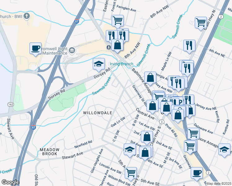 map of restaurants, bars, coffee shops, grocery stores, and more near 506 1st Avenue Southwest in Glen Burnie