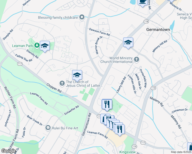 map of restaurants, bars, coffee shops, grocery stores, and more near 13513 Duhart Road in Germantown