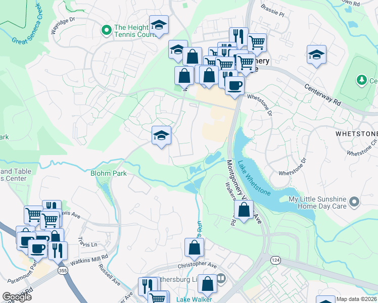 map of restaurants, bars, coffee shops, grocery stores, and more near 18900 Mills Choice Road in Montgomery Village