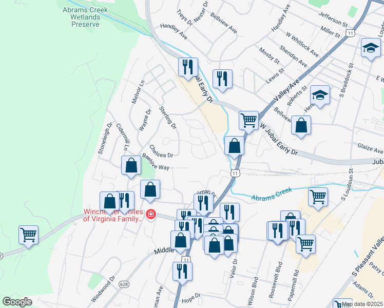 map of restaurants, bars, coffee shops, grocery stores, and more near 461 Wharton Circle in Winchester