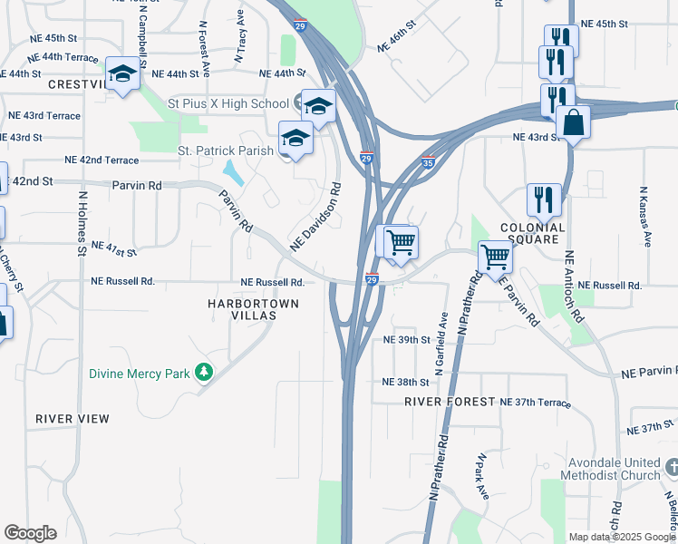 map of restaurants, bars, coffee shops, grocery stores, and more near 1600 Northeast Parvin Road in Kansas City