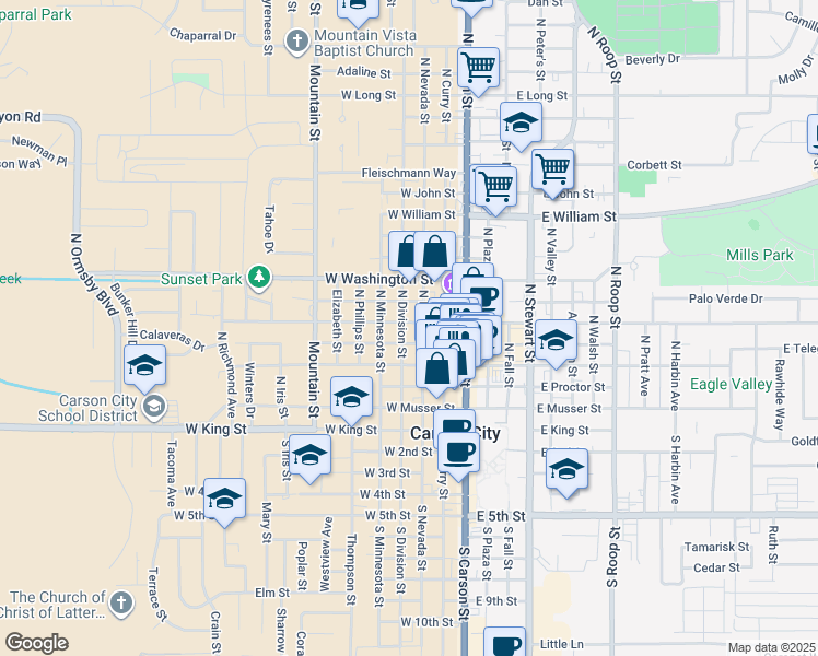 map of restaurants, bars, coffee shops, grocery stores, and more near 313 West Spear Street in Carson City