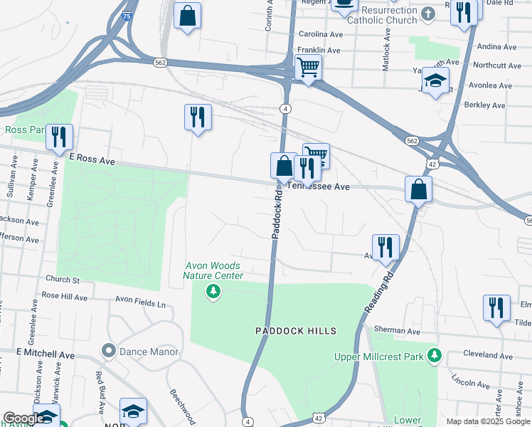 map of restaurants, bars, coffee shops, grocery stores, and more near 1124 Clearbrook Drive in Cincinnati