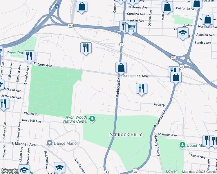 map of restaurants, bars, coffee shops, grocery stores, and more near 1124 Clearbrook Drive in Cincinnati
