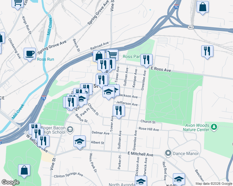 map of restaurants, bars, coffee shops, grocery stores, and more near 4612 Tower Avenue in Saint Bernard