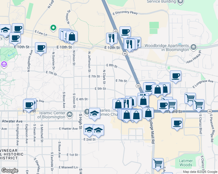map of restaurants, bars, coffee shops, grocery stores, and more near 113 South Clark Street in Bloomington