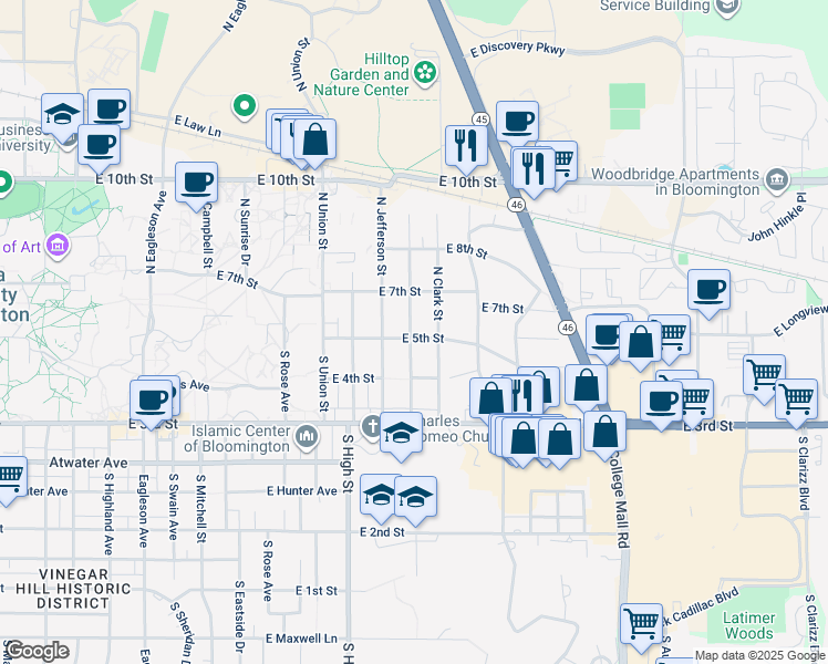 map of restaurants, bars, coffee shops, grocery stores, and more near 2222 East 5th Street in Bloomington