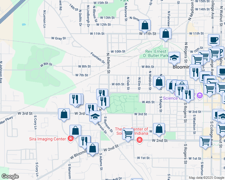 map of restaurants, bars, coffee shops, grocery stores, and more near in Bloomington