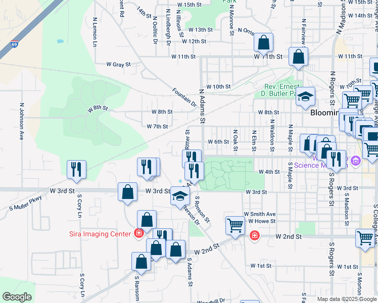 map of restaurants, bars, coffee shops, grocery stores, and more near 1409 West Kirkwood Avenue in Bloomington