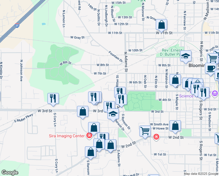 map of restaurants, bars, coffee shops, grocery stores, and more near 1409 West Kirkwood Avenue in Bloomington
