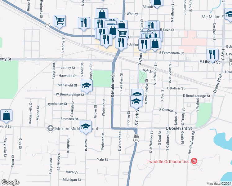 map of restaurants, bars, coffee shops, grocery stores, and more near 700-716 S Muldrow St in Mexico