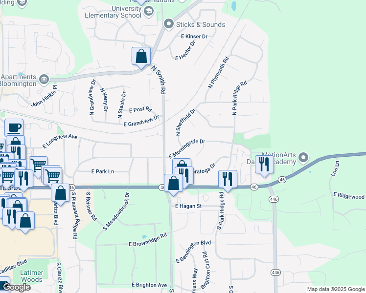 map of restaurants, bars, coffee shops, grocery stores, and more near 4000 East Morningside Drive in Bloomington