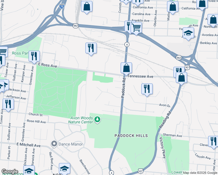 map of restaurants, bars, coffee shops, grocery stores, and more near 4518 Barbara Place in Cincinnati
