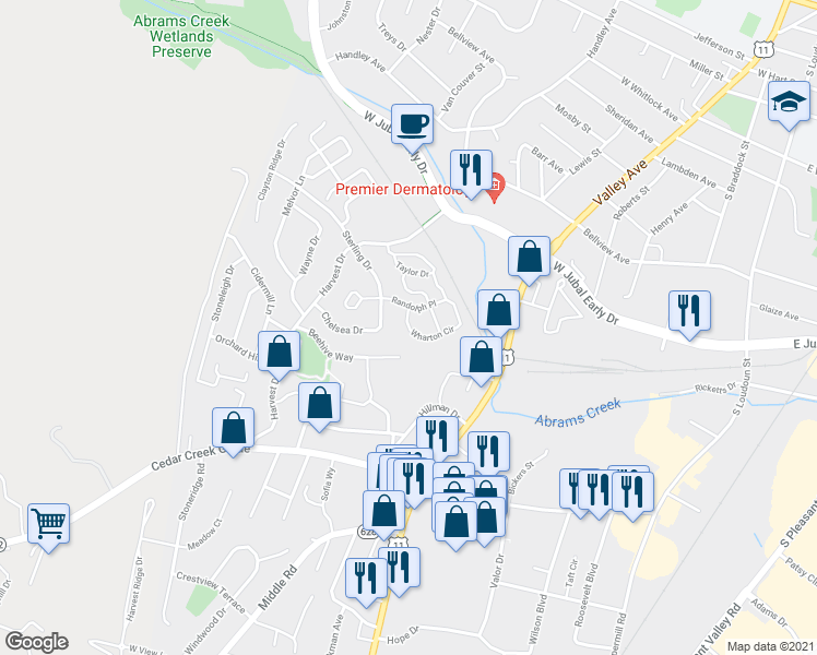 map of restaurants, bars, coffee shops, grocery stores, and more near 460 Wharton Circle in Winchester