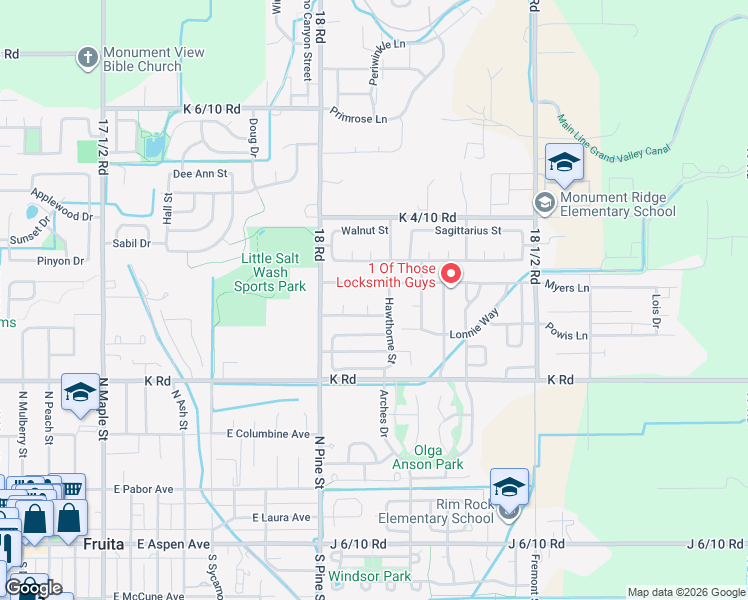 map of restaurants, bars, coffee shops, grocery stores, and more near 1181 Sunflower Avenue in Fruita