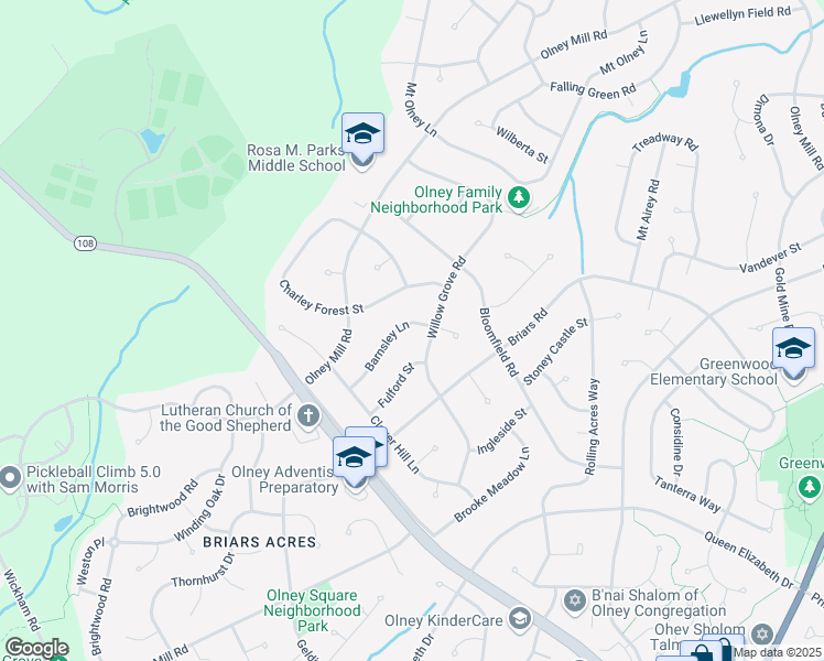 map of restaurants, bars, coffee shops, grocery stores, and more near 4008 Barnsley Lane in Olney
