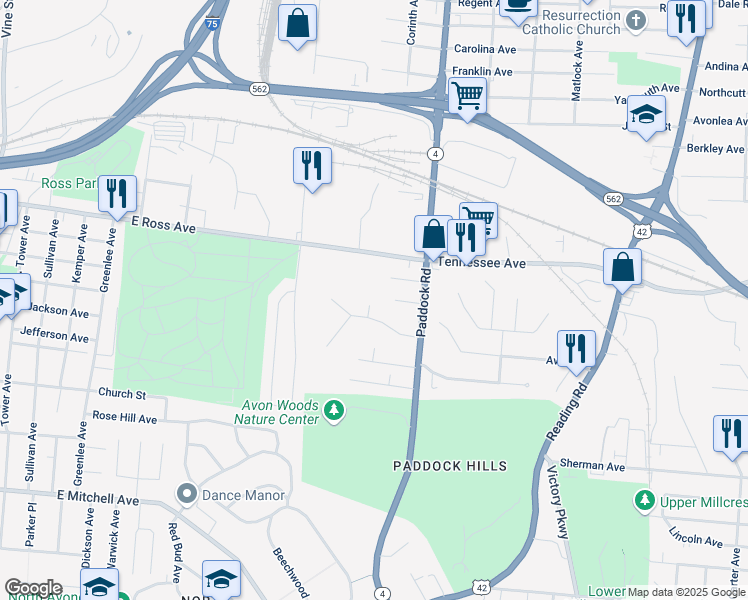 map of restaurants, bars, coffee shops, grocery stores, and more near 4518 Barbara Place in Cincinnati