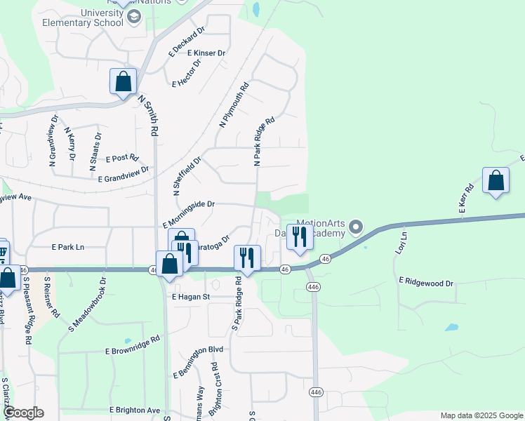 map of restaurants, bars, coffee shops, grocery stores, and more near 152 North Park Ridge Road in Bloomington