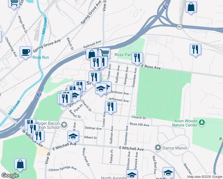 map of restaurants, bars, coffee shops, grocery stores, and more near 4614 Sullivan Avenue in Cincinnati