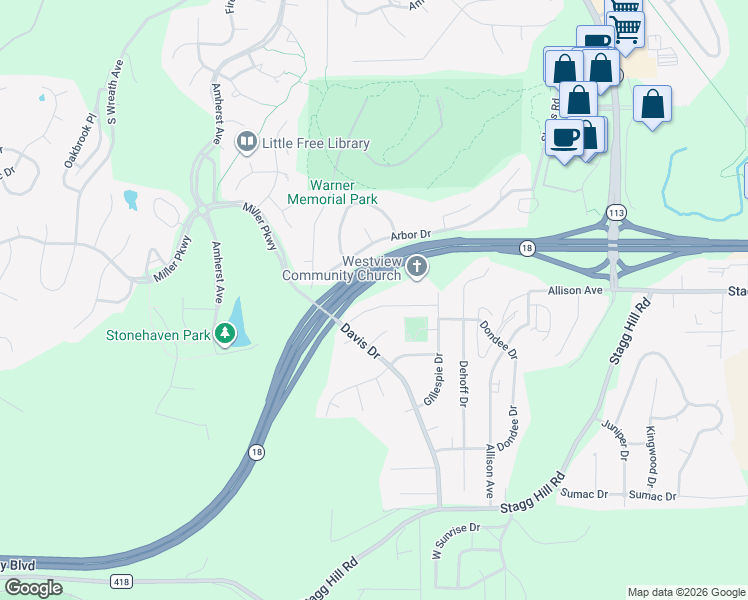 map of restaurants, bars, coffee shops, grocery stores, and more near 3032 Geneva Drive in Manhattan