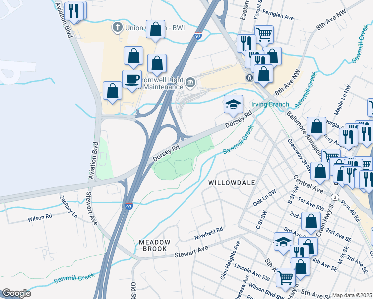 map of restaurants, bars, coffee shops, grocery stores, and more near 301 Dorsey Road in Glen Burnie