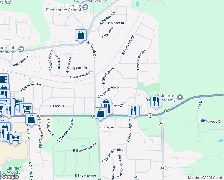 map of restaurants, bars, coffee shops, grocery stores, and more near 4000-4020 E Morningside Dr in Bloomington