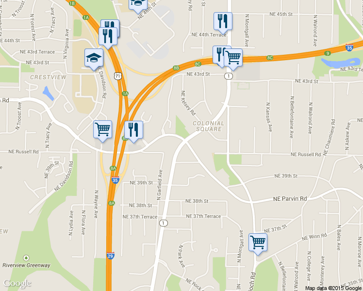 map of restaurants, bars, coffee shops, grocery stores, and more near 4019 Highway 1 in Kansas City