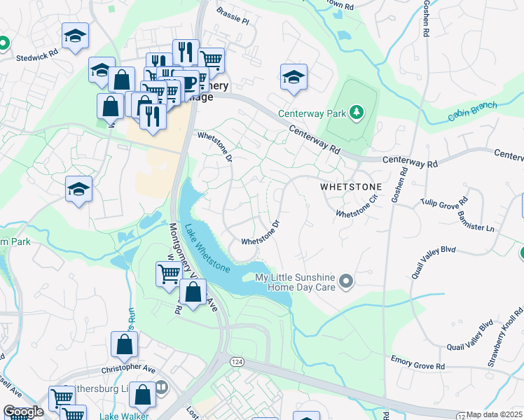 map of restaurants, bars, coffee shops, grocery stores, and more near 18917 North Meadow Fence Road in Montgomery Village