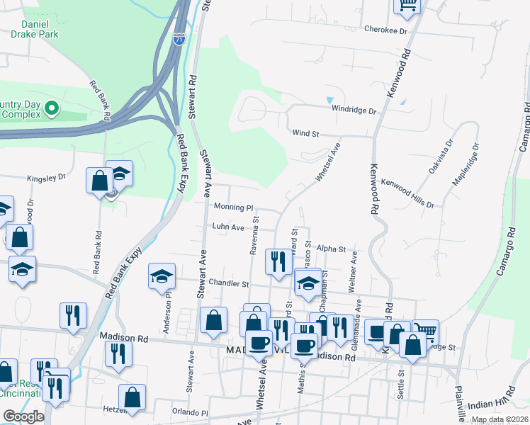 map of restaurants, bars, coffee shops, grocery stores, and more near 5427 Whetsel Avenue in Cincinnati