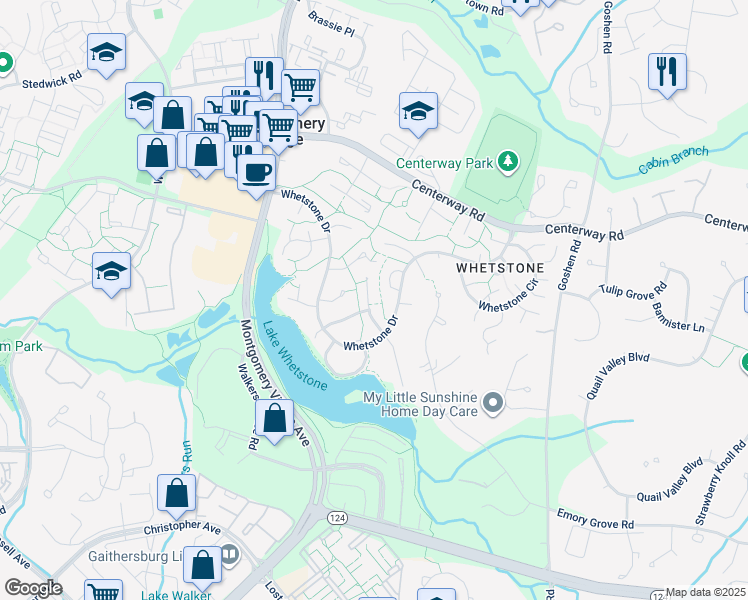 map of restaurants, bars, coffee shops, grocery stores, and more near 18917 North Meadow Fence Road in Montgomery Village