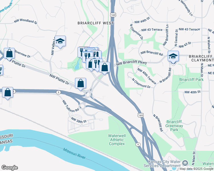 map of restaurants, bars, coffee shops, grocery stores, and more near 3861 North Mulberry Drive in Kansas City