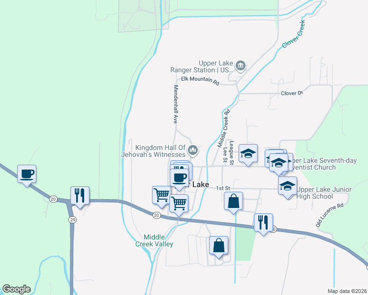 map of restaurants, bars, coffee shops, grocery stores, and more near 9650 Mendenhall Avenue in Upper Lake