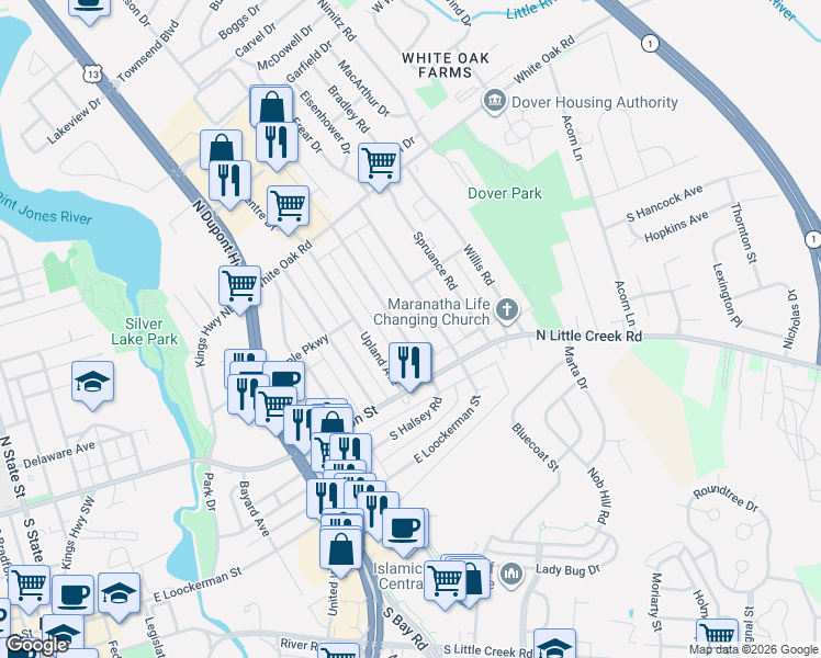 map of restaurants, bars, coffee shops, grocery stores, and more near 25 North Halsey Road in Dover