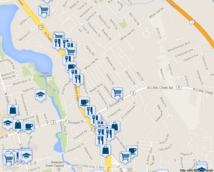 map of restaurants, bars, coffee shops, grocery stores, and more near 57 Greenhill Avenue in Dover