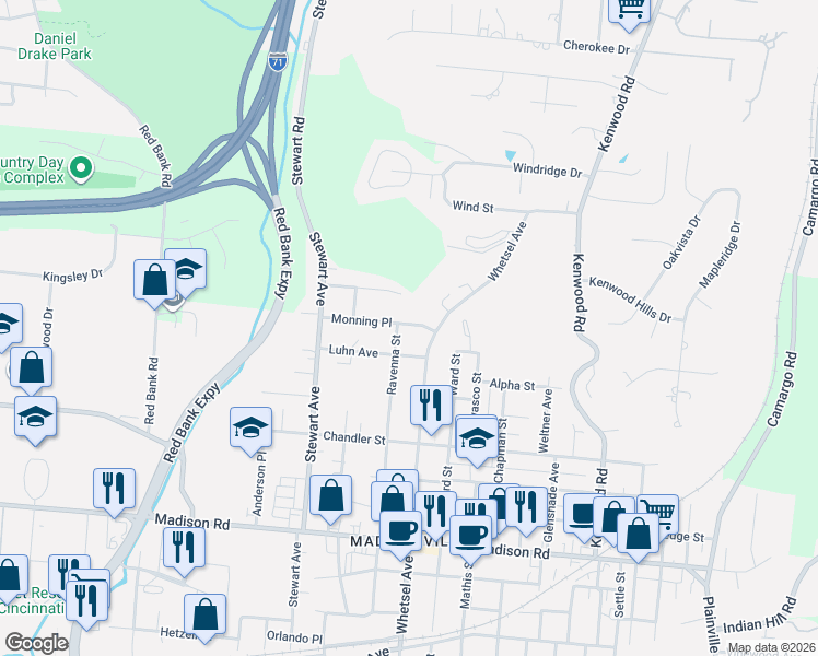 map of restaurants, bars, coffee shops, grocery stores, and more near 5427 Whetsel Avenue in Cincinnati