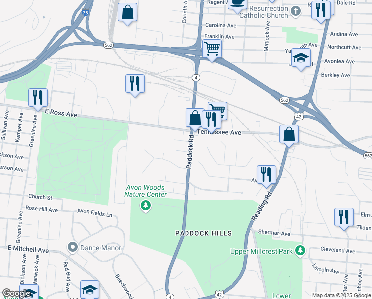 map of restaurants, bars, coffee shops, grocery stores, and more near 1201 Avon Drive in Cincinnati