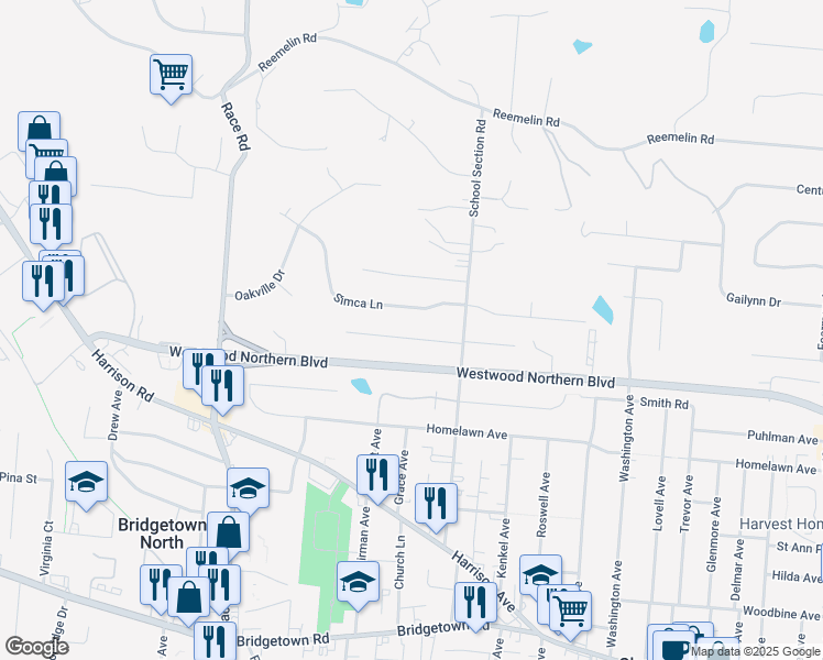 map of restaurants, bars, coffee shops, grocery stores, and more near 4255 Turf Lane in Cincinnati