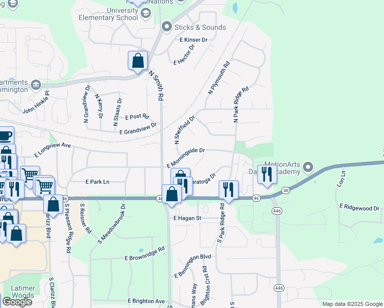 map of restaurants, bars, coffee shops, grocery stores, and more near 4000-4020 E Morningside Dr in Bloomington
