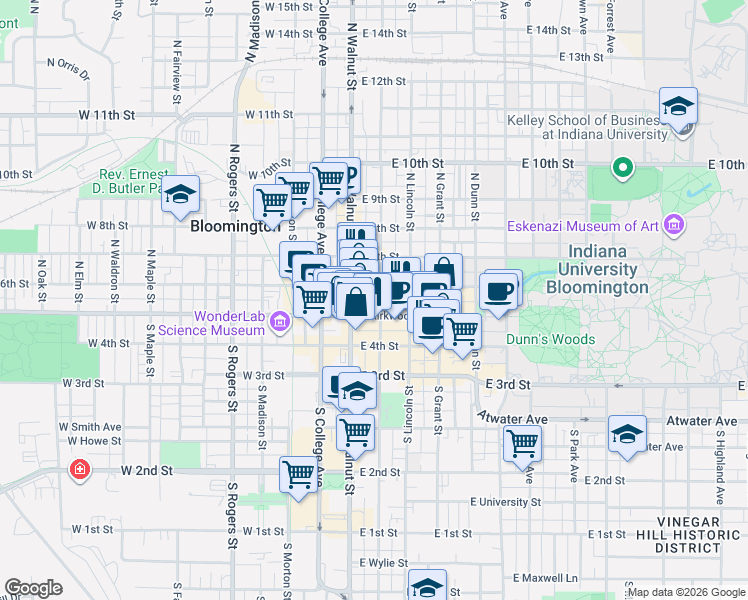 map of restaurants, bars, coffee shops, grocery stores, and more near 200 East Kirkwood Avenue in Bloomington