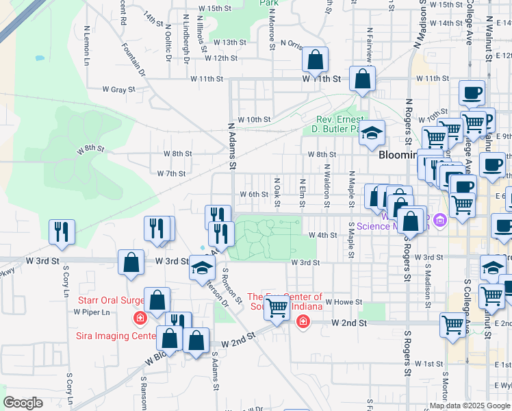 map of restaurants, bars, coffee shops, grocery stores, and more near in Bloomington