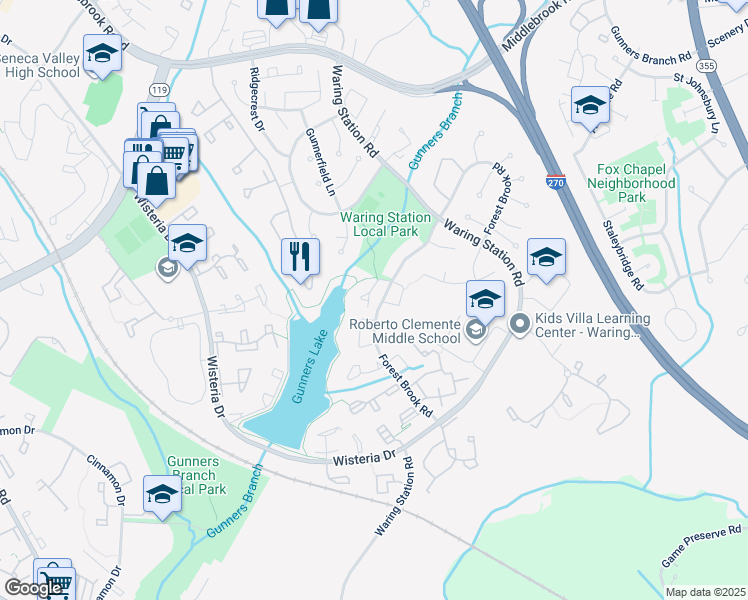 map of restaurants, bars, coffee shops, grocery stores, and more near 12124 Skip Jack Drive in Germantown